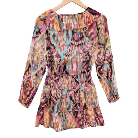 Zara Mini Ruffle Dress Multicolor Long Sleeve Smocked Tiered Sheer Size S - Picture 2 of 10